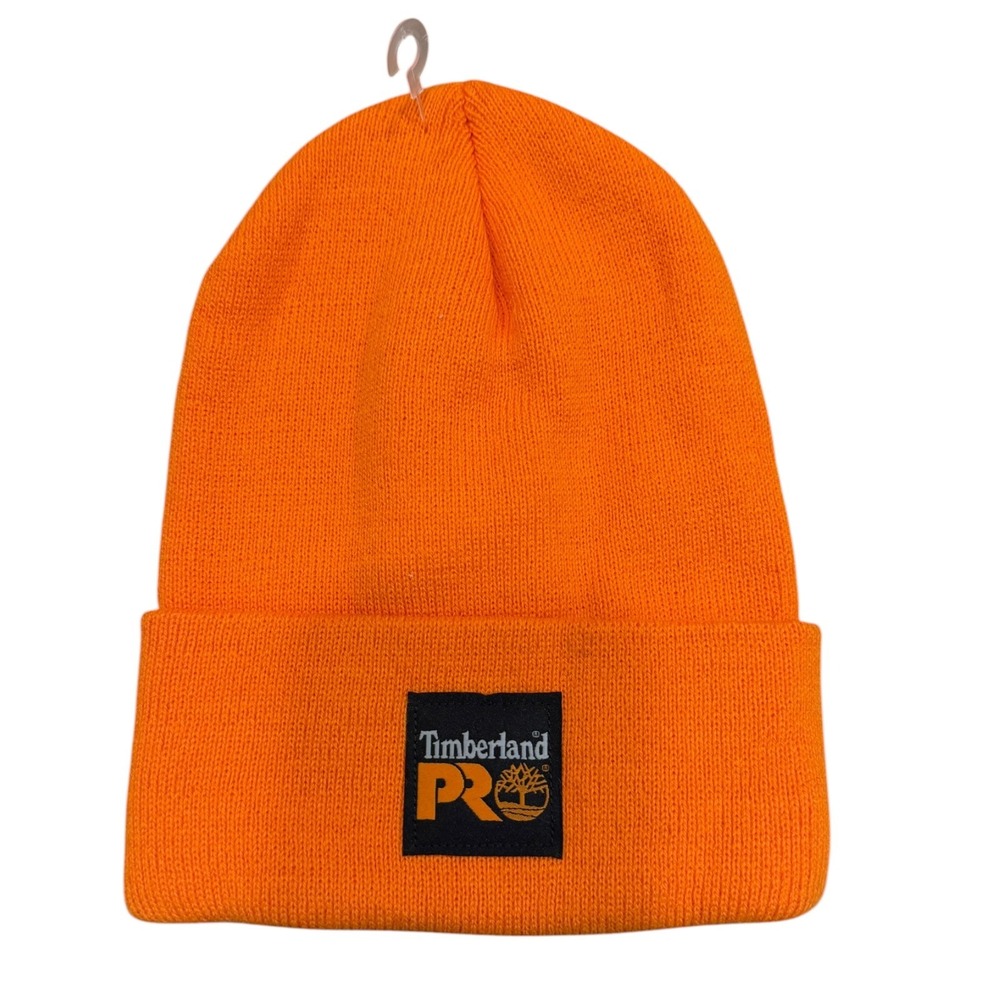Timberland Pro Knit Beanie Men One Size Orange Like New 100% Acrylic Cuffed Logo